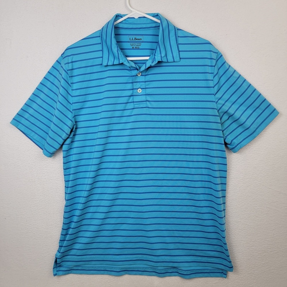 L.L.Bean Polo Shirt Men M Aqua Blue Stretch Striped Short Sleeve Slightly Fitted